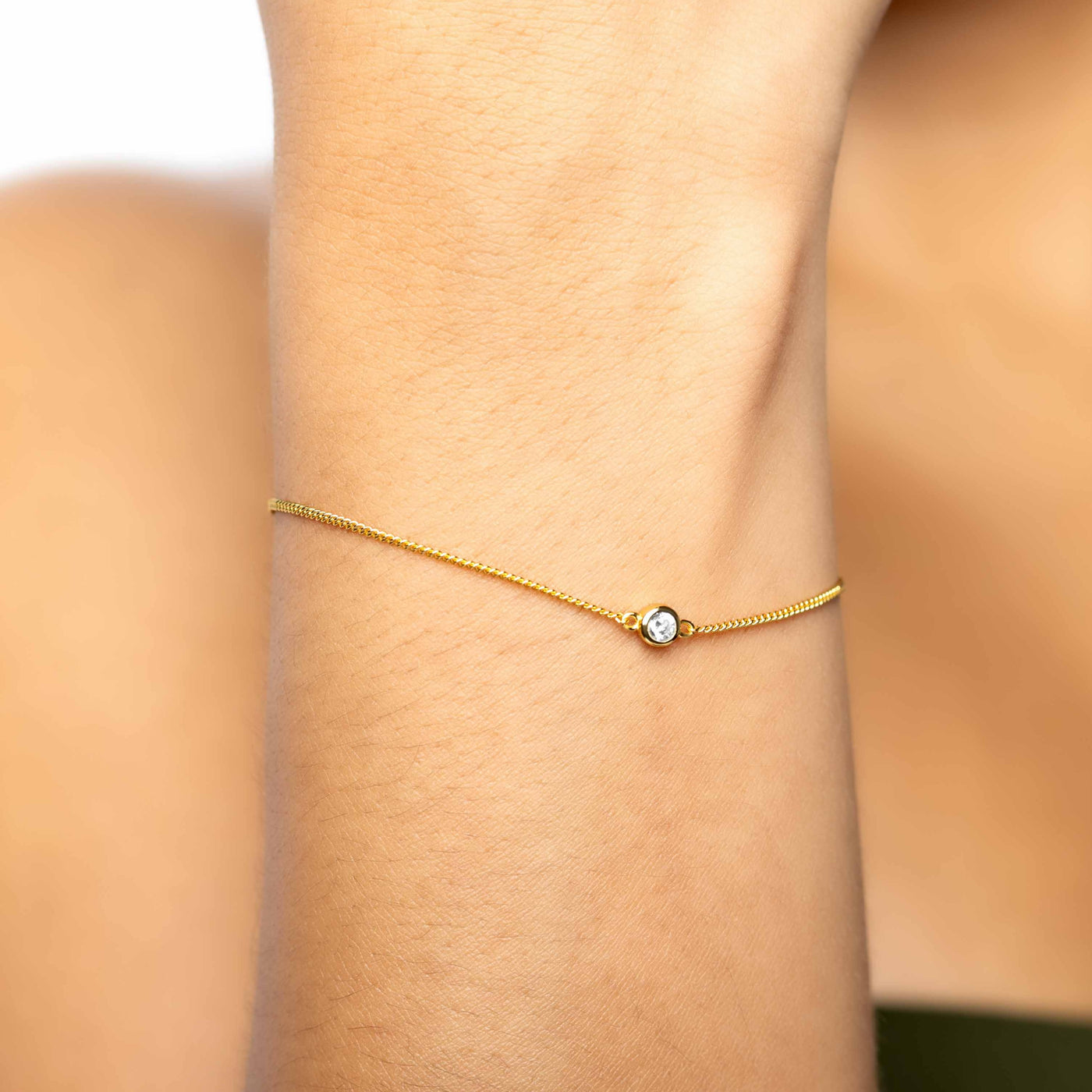  Modern Simple Minimalist Jewelry Women's Bracelet Baby Curb Chain 18k Gold Layered on 925 Sterling Silver with a Diamond CZ