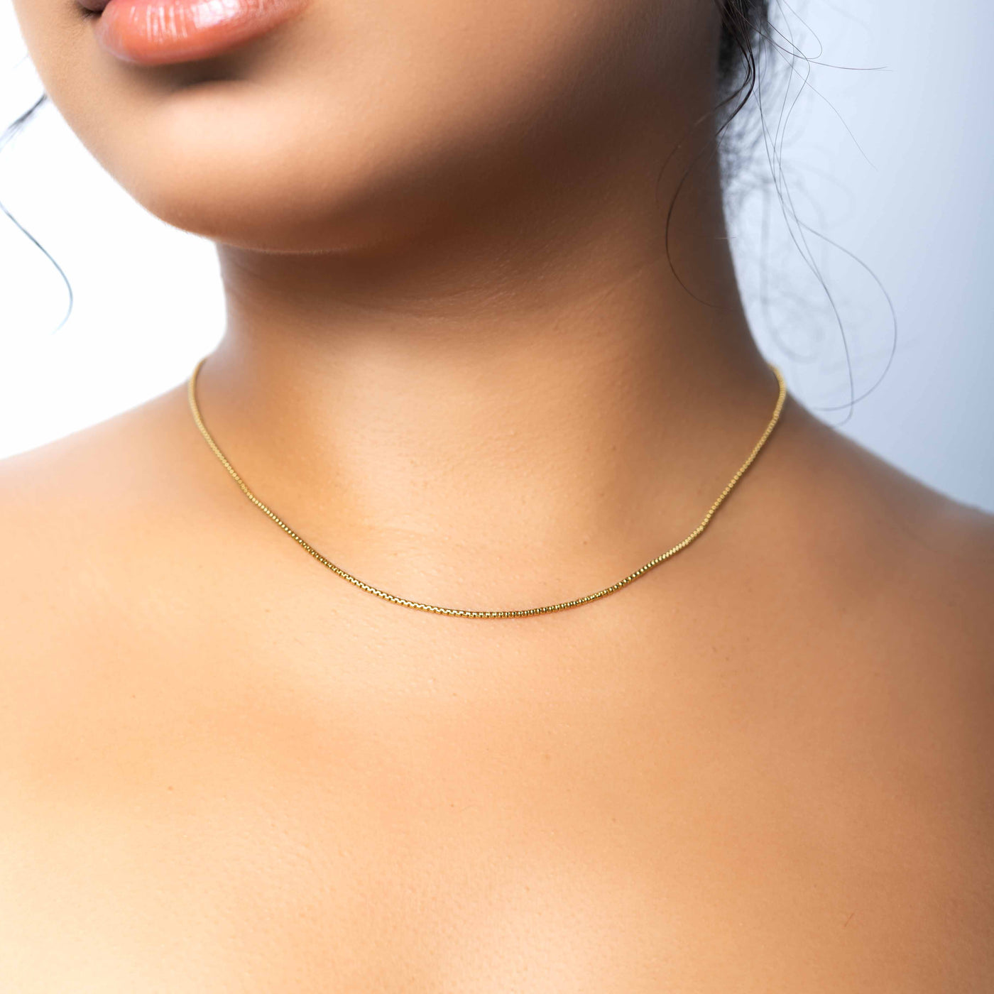 Modern Minimalist Jewelry Women's Necklace Choker thin Slick Rolo box chain 1.3mm 18k Gold layered on 925 Sterling Silver